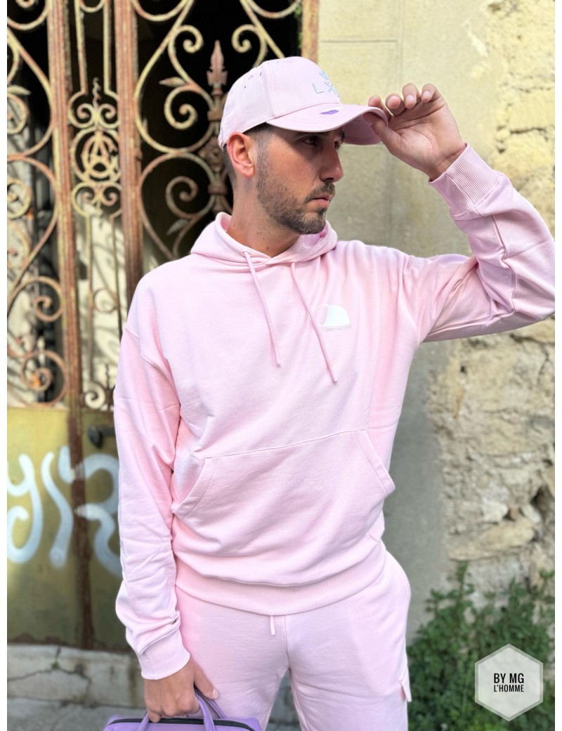 casquette coton rose avec taches effet peinture blanc et violet